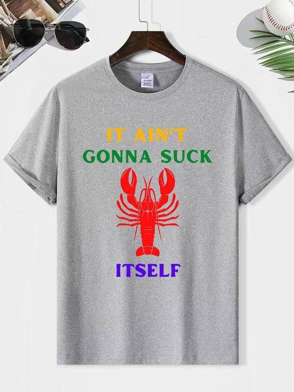Men's Letter & Lobster Print Round Neck Tee, Loose Casual Fashion Short Sleeve T-shirt for Summer, Men's Top for Daily...