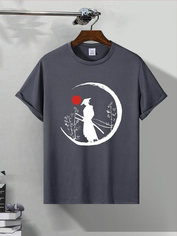 Men's Letter & Moon Print Round Neck Tee, Regular Fit Casual Short Sleeve T-shirt for Summer, Men's Top for Daily Wear,...
