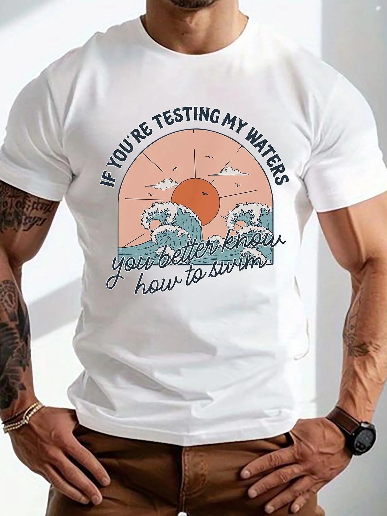 Men's Letter & Ocean Print Round Neck Tee, Graphic T-shirt, Crew Neck Short Sleeve Tops for Men, Casual Comfy Regular Fit...