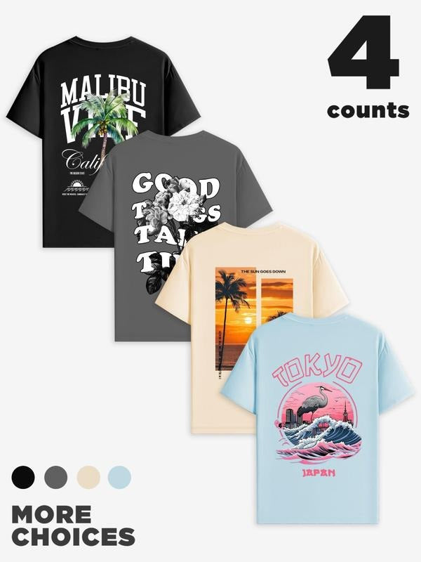 Men's Letter & Palm Tree & Floral & Flamingo Print Short Sleeve Graphic Tee, Regular Fit Casual Round Neck T-shirt for...