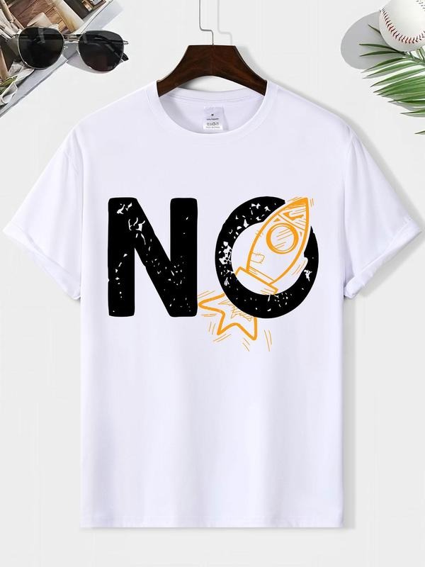 Men's Letter & Rocket Print Round Neck Tee, Loose Casual Short Sleeve T-shirt for Summer, Men's Top for Daily Wear,...