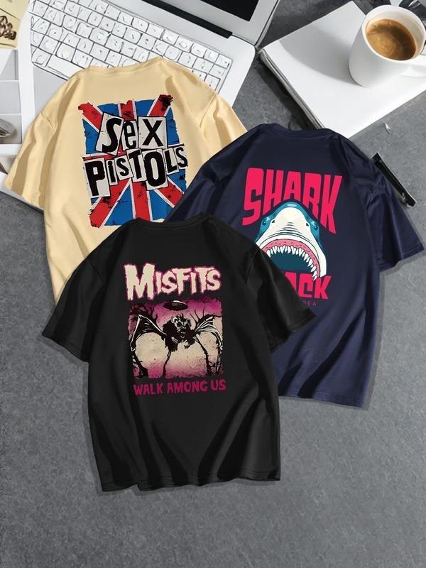 Men's Letter & Shark Print Short Sleeve Tee, Regular Fit Casual Fashion Round Neck T-shirt for Summer, Men's Top for...