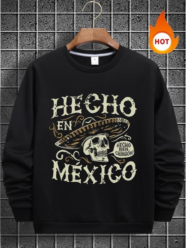 Men's Letter & Skull Print Round Neck Sweatshirt, Regular Fit Casual Long Sleeve Crew Neck Pullover for Fall & Winter,...