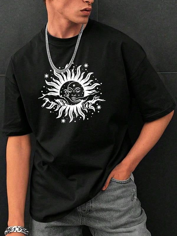 Men's Letter & Sun Print Round Neck Graphic Tee, Casual Loose Short Sleeve T-shirt for Summer, Men's Top for Daily Wear...