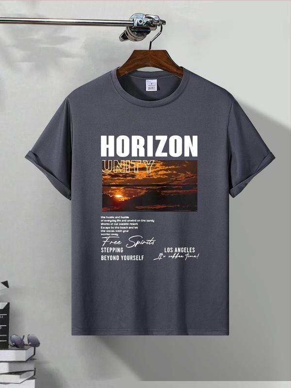 Men's Letter & Sunset Print Round Neck Graphic Tee, Regular Fit Casual Short Sleeve T-shirt for Summer, Men's Top for...