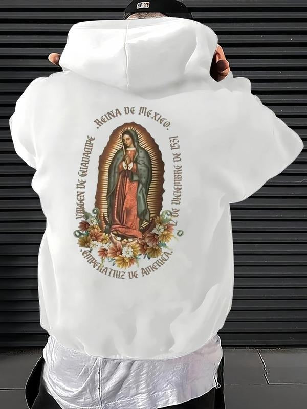 Men's Letter & Virgin Mary Print Pocket Hoodie, Loose Casual Graphic Hooded Sweatshirt for Fall & Winter, Men's Top for...
