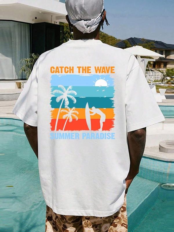 Men's Letter & Wave Print Round Neck Graphic Tee, Loose Casual Short Sleeve T-shirt for Summer, Men's Top for Beach...