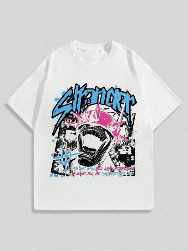 Men's Letter Graphic Drop Shoulder Tee, Regular Fit Street Fashion Casual Soft Comfy Short Sleeve Round Neck T-Shirt for...