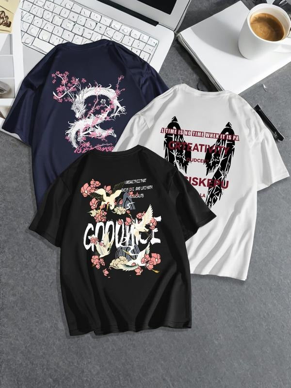 Men's Letter Graphic Print Round Neck Tee, Regular Fit Casual Short Sleeve T-shirt, Men's Summer Top for Daily Wear,...