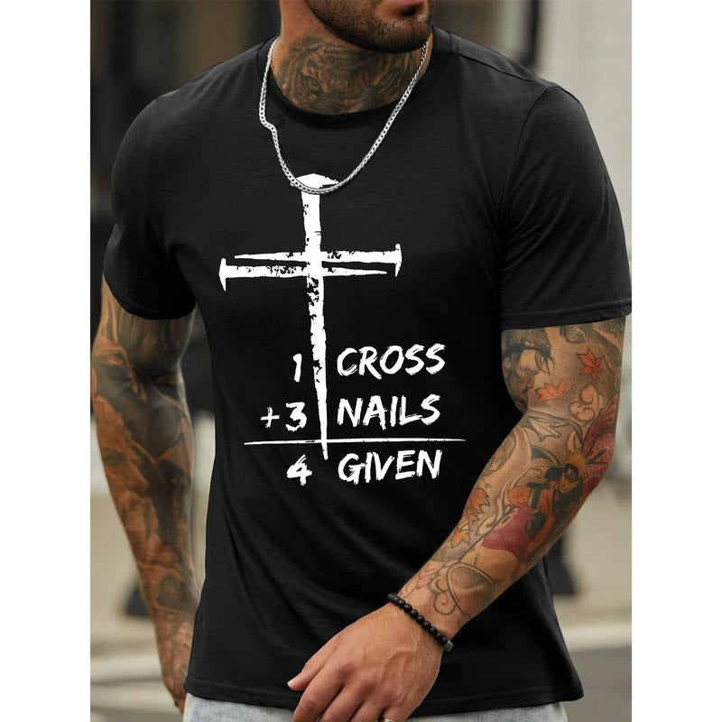 Men's Letter Print Crew Neck Short Sleeves, Casual Plus Size Loose T-shirt For Summer, Breathable Elastic Graphic Tees...