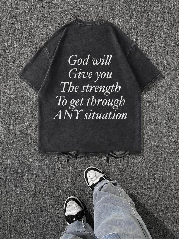 Men's Letter Print Distressed Trim Short Sleeve Tee, Regular Fit Casual Fashion Crew Neck T-shirt for Summer, Men's Top...