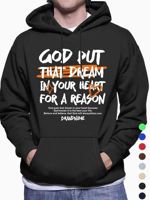 Men's Letter Print Drop Shoulder Hoodie, Fashion Casual Regular Fit Drawstring Pocket Hooded Sweatshirt for Daily Holiday...
