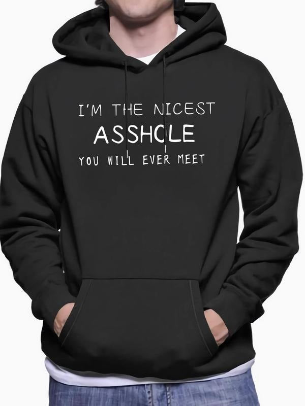 Men's Letter Print Drop Shoulder Long Sleeve Hoodie, Trendy Casual Regular Fit Drawstring Pocket Hooded Sweatshirt for...
