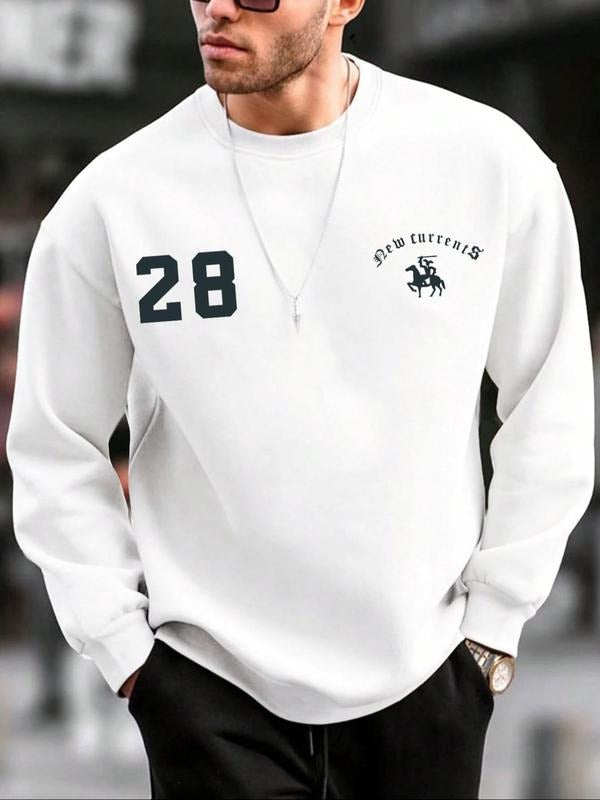 Men's Letter Print Drop Shoulder Sweatshirt, Regular Fit Casual Long Sleeve Round Neck Pullover for Spring & Fall,...