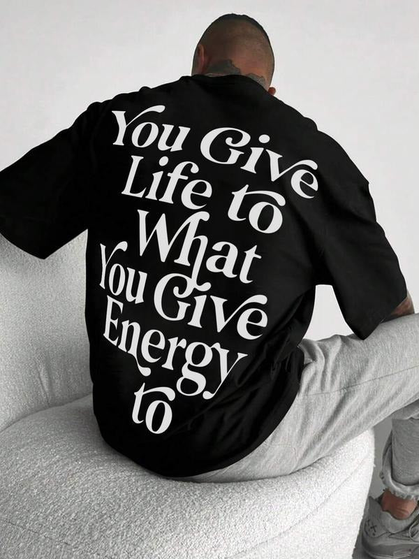 Men's Letter Print Drop Shoulder Tee, Loose Casual Comfy Round Neck Half Sleeve T-shirt for Daily Wear, Men's Top for All...