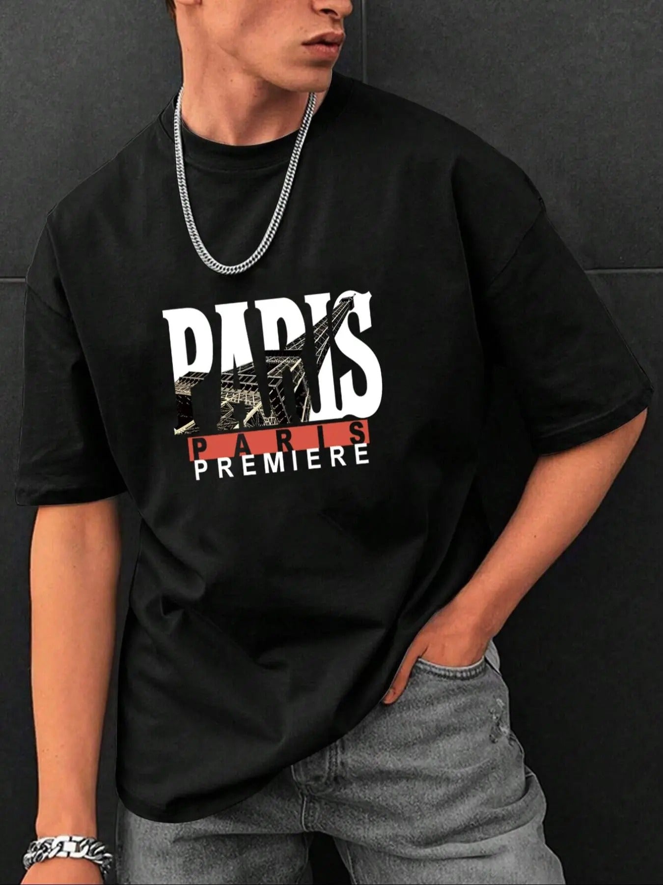Men's Letter Print Drop Shoulder Tee, Regular Fit Casual Paris Print Half Sleeve Round Neck T-Shirt for Summer, Men's Top...