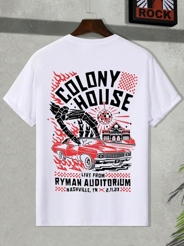 Men's Letter Print Round Neck Graphic Tee, Casual Short Sleeve T-shirt for Summer, Men's Top for Daily Wear, Tropical...