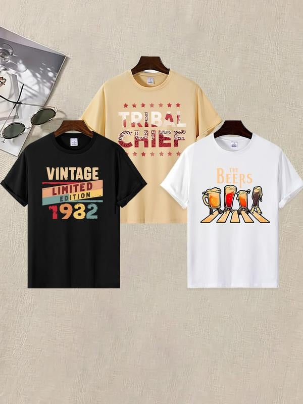 Men's Letter Print Round Neck Graphic Tee, Vintage Trendy Casual Short Sleeve T-shirt for Daily Wear, Men's Summer Outfit...