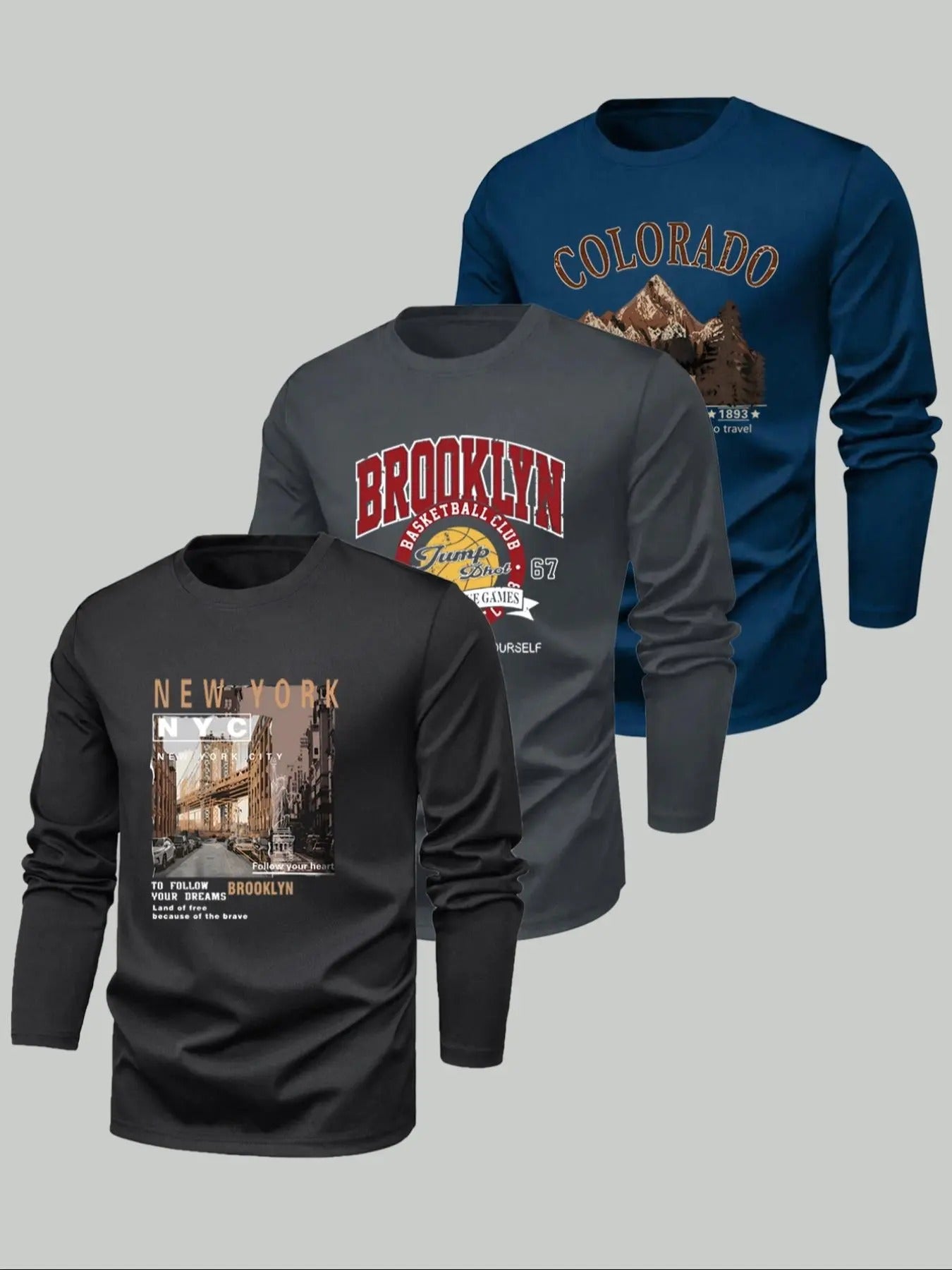 Men's Letter Print Round Neck Long Sleeve Tee, Regular Fit Casual Crew Neck T-shirt for Spring, Men's Top for Outdoor...