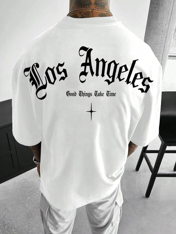 Men's Letter Print Round Neck Tee, Athletic T Shirt, Regular Fit Casual Short Sleeve Crew Neck T-Shirt for Daily Wear,...