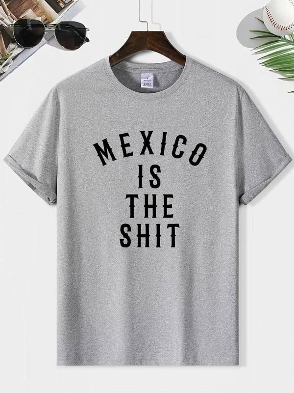 Men's Letter Print Round Neck Tee, Loose Casual Short Sleeve Crew Neck T-Shirt for Summer, Fashion Men's Top for Daily...