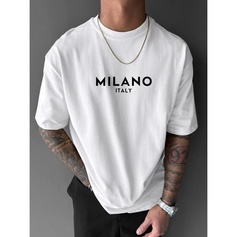 Men's Letter Print Round Neck Tee, Regular Fit Casual Comfy Soft Streetwear Drop Shoulder Short Sleeve T-shirt for Daily...