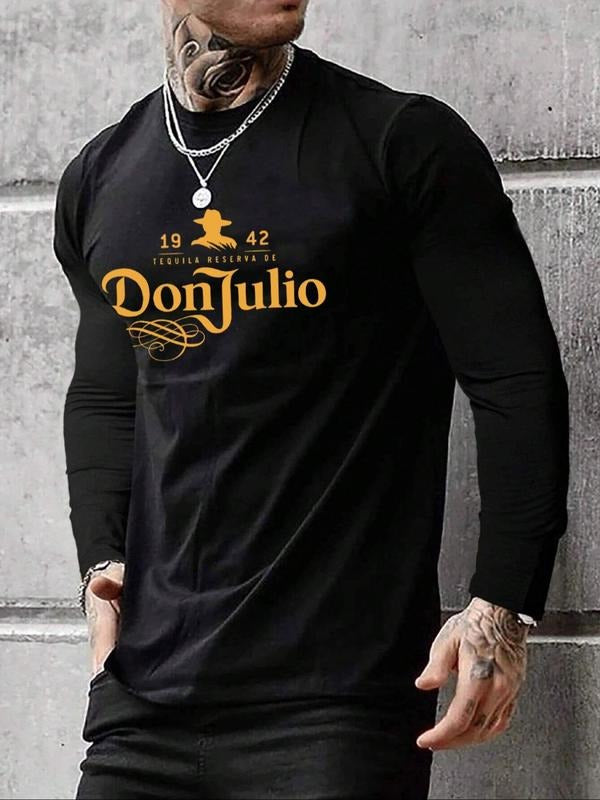 Men's Letter Print Round Neck Tee, Regular Fit Casual Long Sleeve Crew Neck T-Shirt for Spring, Comfort Colors