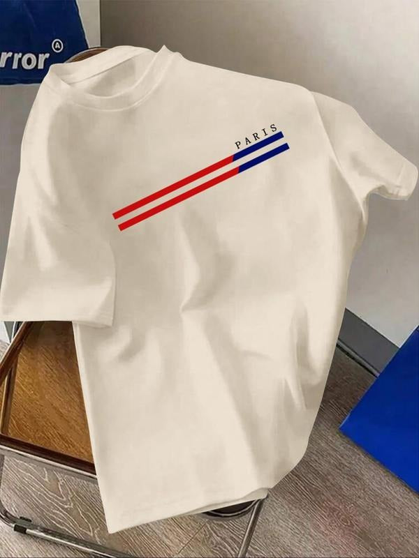 Men's Letter Print Round Neck Tee, Regular Fit Casual Short Sleeve Crew Neck T-Shirt for Summer, Fashion Men's Top for...