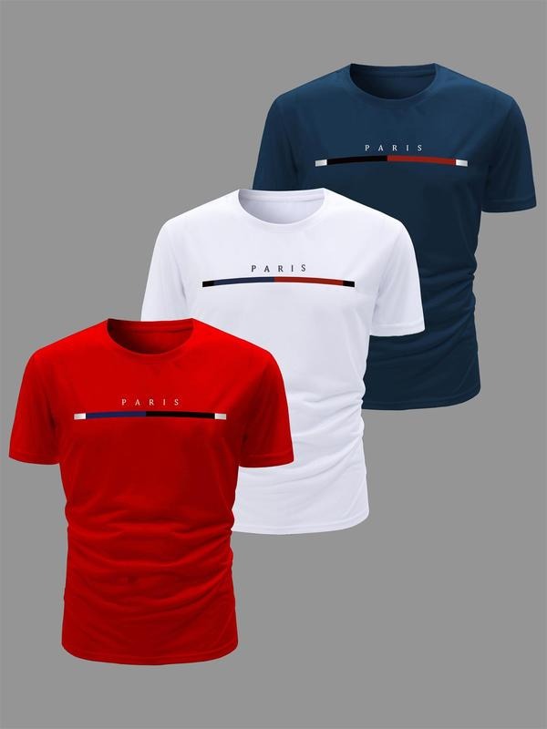 Men's Letter Print Round Neck Tee, Regular Fit Casual Short Sleeve Crew Neck T-shirt for Daily Wear, Men's Top for All...