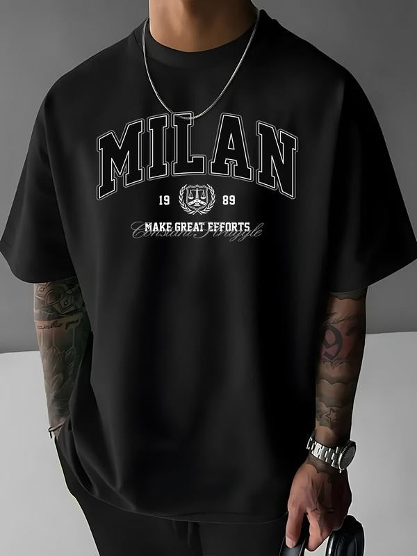 Men's Letter Print Round Neck Tee, Regular Fit Casual Short Sleeve Crew Neck T-shirt for Daily Wear, Men's Top for All...