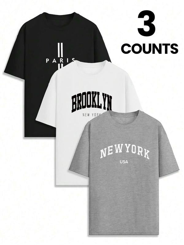 Men's Letter Print Round Neck Tee, Regular Fit Casual Short Sleeve Crew Neck T-shirt for Daily Wear, Men's Top for All...