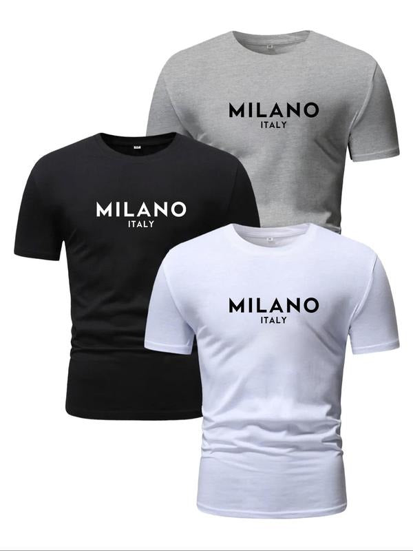 Men's Letter Print Round Neck Tee, Regular Fit Casual Short Sleeve Crew Neck T-shirt for Summer, Fashion Men's Top for...