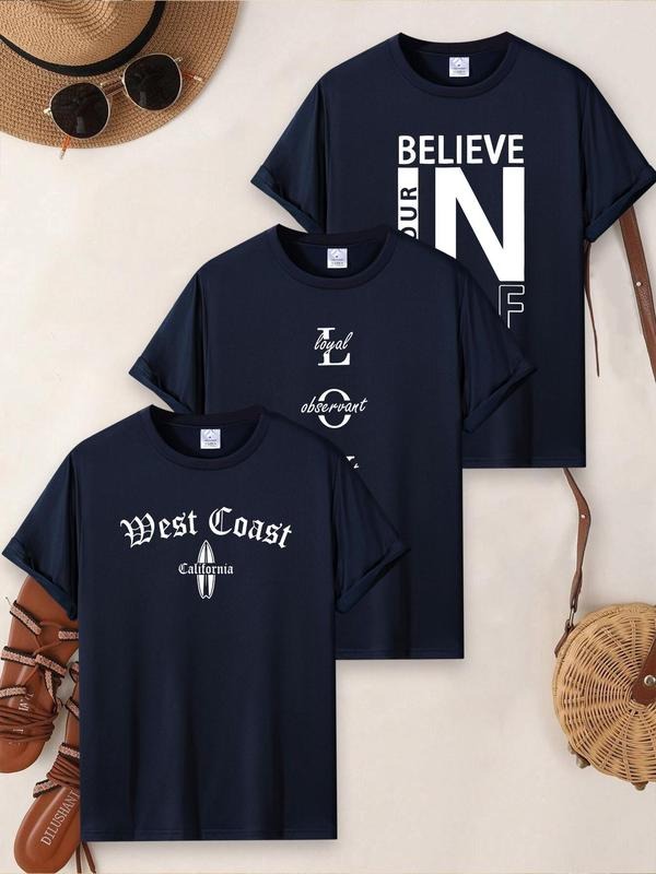 Men's Letter Print Round Neck Tee, Regular Fit Casual Short Sleeve Crew Neck T-shirt for Summer, Men's Top for Daily Wear...