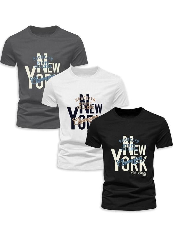 Men's Letter Print Round Neck Tee, Regular Fit Short Sleeve Crew Neck T-Shirt, Casual Summer Top for Men Hoodie, Sweatshirt