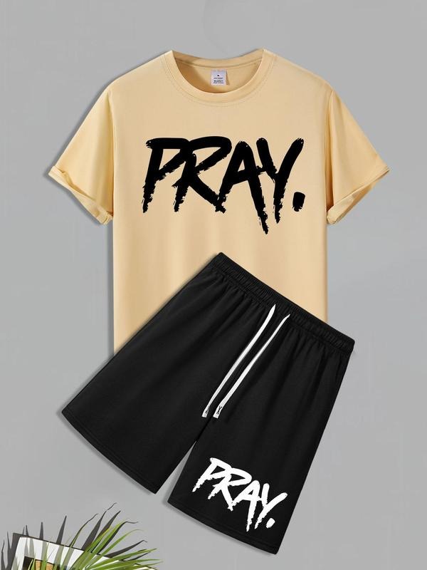 Men's Letter Print Short Sleeve Tee & Shorts Set, Regular Fit Round Neck T-shirt & Track Shorts, Casual Cozy Breathable...