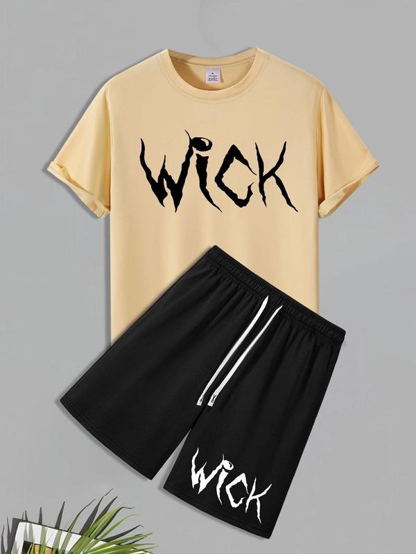 Men's Letter Print Short Sleeve Tee & Shorts Set, Regular Fit Round Neck T-shirt & Track Shorts, Casual Fashion Cozy...