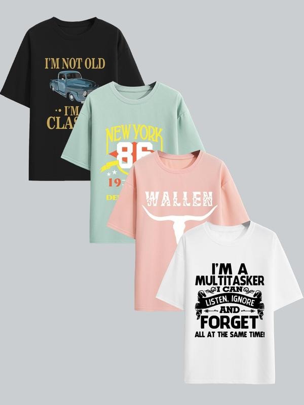 Men's Loose Letter & Graphic Print Drop Shoulder Tee, Casual Short Sleeve Round Neck T-shirt for Summer, Men's Top for...