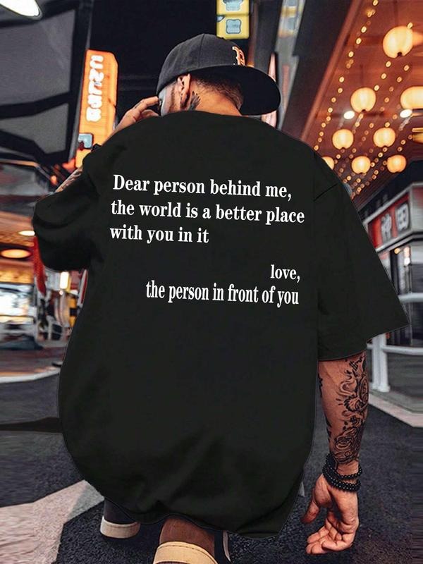 Men's Loose Letter Print Drop Shoulder Tee, Casual Half Sleeve Round Neck T-shirt for Daily Wear, Menswear, Comfort Basic...