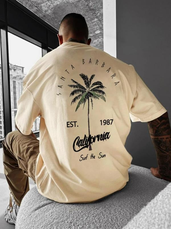 Men's Loose Palm Tree & Letter Print Drop Shoulder Tee, Casual Comfy Round Neck Half Sleeve T-shirt for Daily Wear, Men's...