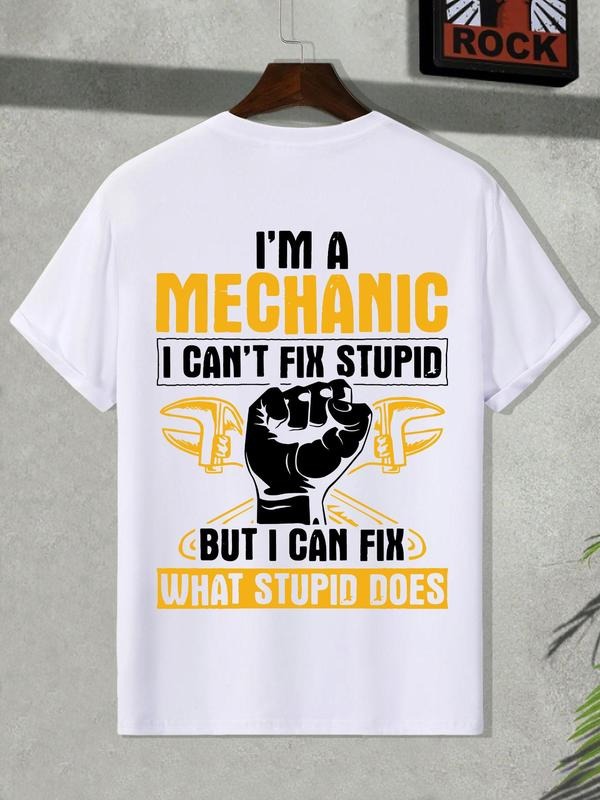 Men's Mechanic Letter Print Round Neck Tee, Loose Casual Fashion Short Sleeve T-shirt for Summer, Men's Top for Daily...