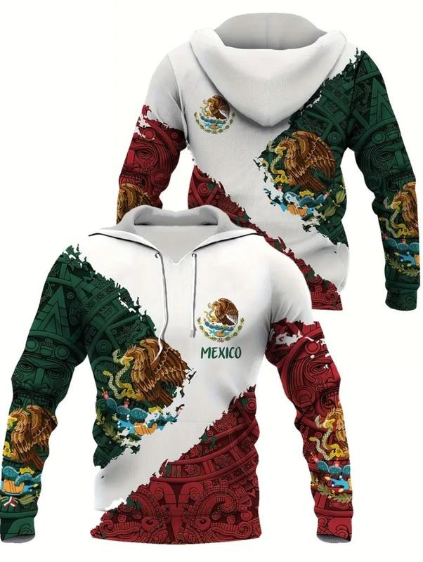 Men's Mexico Long Sleeve Eagle Holding Snake Print,Hoodies Kangaroo Pocket Sweatshirt,Suitable Sports,Graphic Animal...