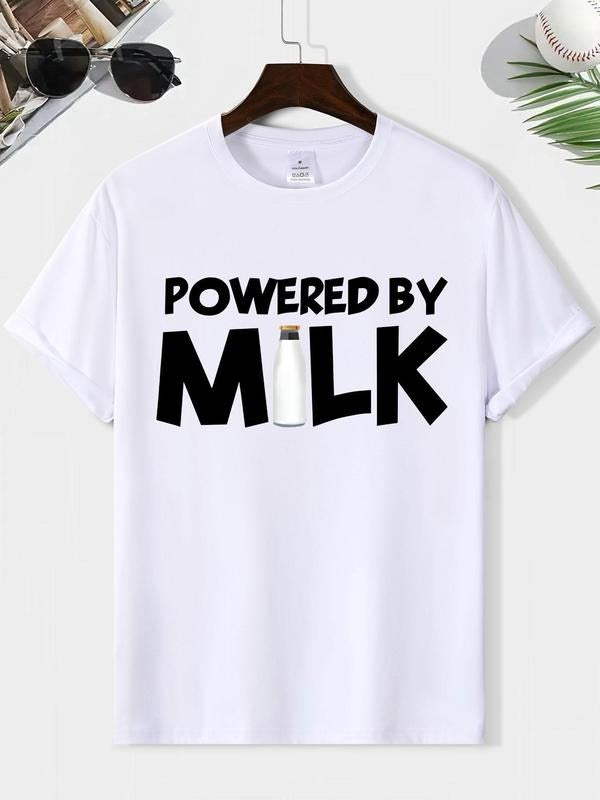 Men's Milk Powered By Letter Print Round Neck Tee, Loose Casual Short Sleeve T-shirt for Summer, Men's Top for Daily Wear...