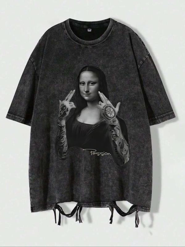 Men's Mona Lisa & Finger Gesture Print Short Sleeve Graphic Tee, Regular Fit Casual Fashion T-shirt for Daily Wear, Men's...
