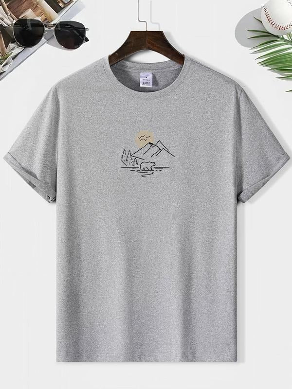Men's Mountain & Moon Print Round Neck Tee, Loose Casual Fashion Short Sleeve T-shirt for Summer, Men's Top for Daily...