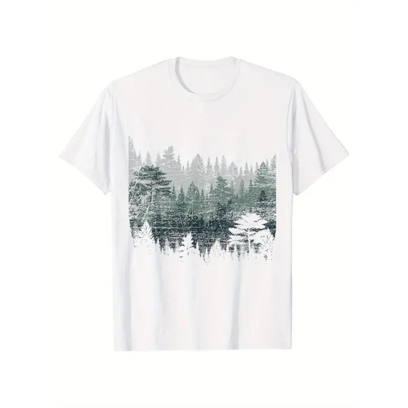 Men's Nature Wildlife Trees Print Cotton T-shirt, Casual Short Sleeve Crew Neck T-shirt, Men's Tee For Outdoor Made in...