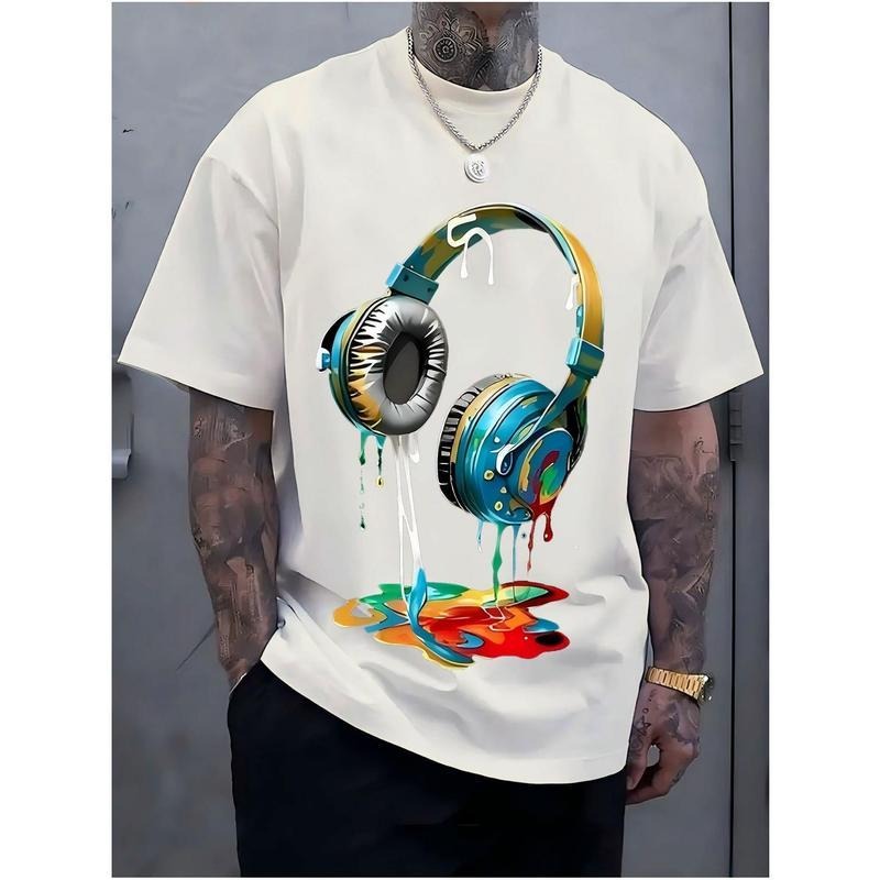 Men's Navy Blue Sand Black White Cotton T-shirt with Bright Headphone Pattern Printing-Casual Street Style, Short Sleeve,...