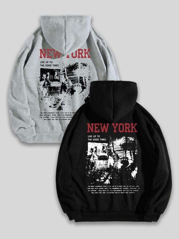 Men's New York Print Hoodie, Regular Fit Casual Graphic Hooded Sweatshirt for Spring & Fall, Men's Top for Daily Wear...