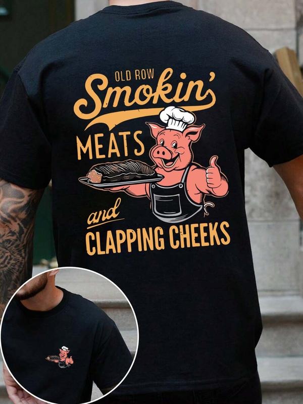 Men's Old Row Smokin' Meats Print Round Neck Tee, Regular Fit Casual Short Sleeve T-shirt for Daily Wear, Men's Top for...