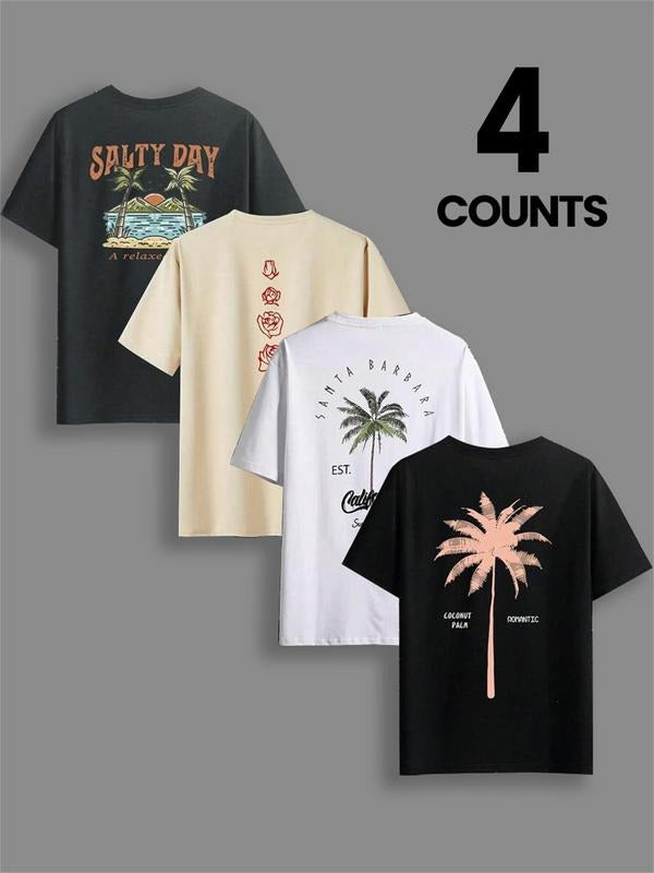Men's Palm Tree Print Round Neck Tee, Regular Fit Casual Short Sleeve T-shirt for Daily Wear, Men's Top for All Seasons,...
