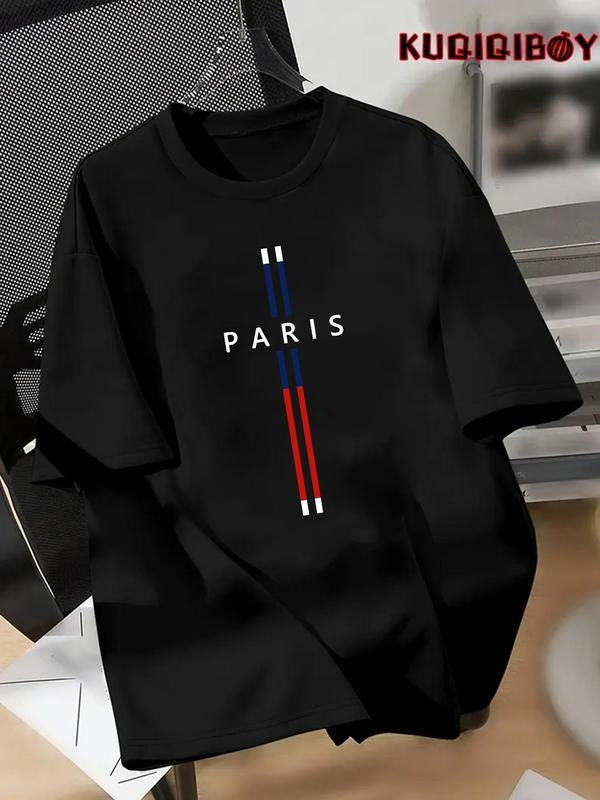 Men's Paris Flag Print Round Neck Tee, Regular Fit Casual Short Sleeve T-shirt for Daily Wear, Men's Top for Summer,...